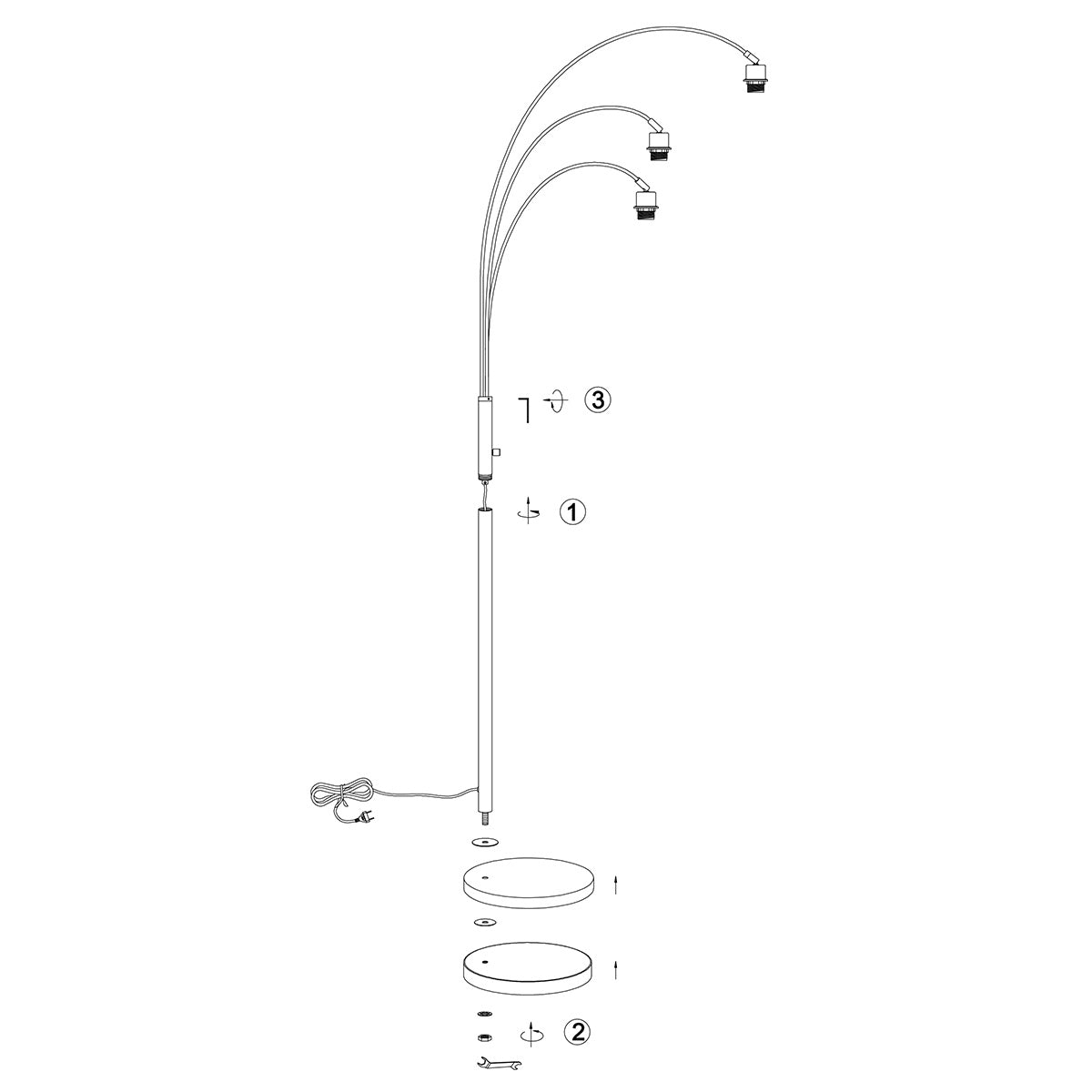 Bogenlampe aus schwarzem Metall mit Schirmen aus hellem Holz – H200 cm