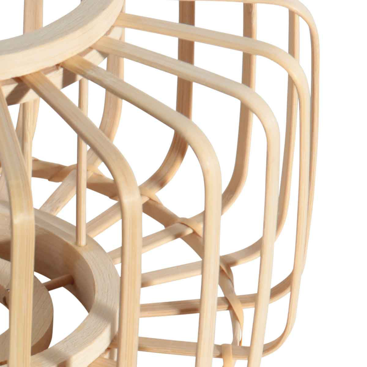 Bogenlampe aus schwarzem Metall mit Schirmen aus hellem Holz – H200 cm
