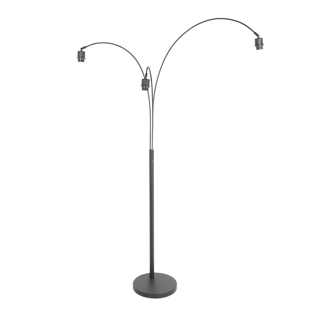 Bogenlampe aus schwarzem Metall mit Schirmen aus hellem Holz – H200 cm