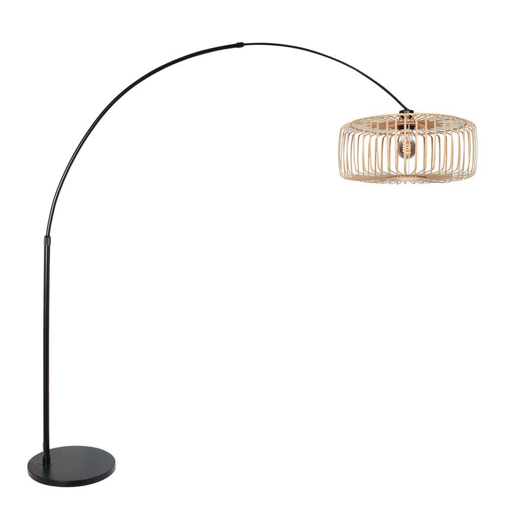 Bogenlampe aus schwarzem Metall mit offenem Bambusschirm – H240 cm