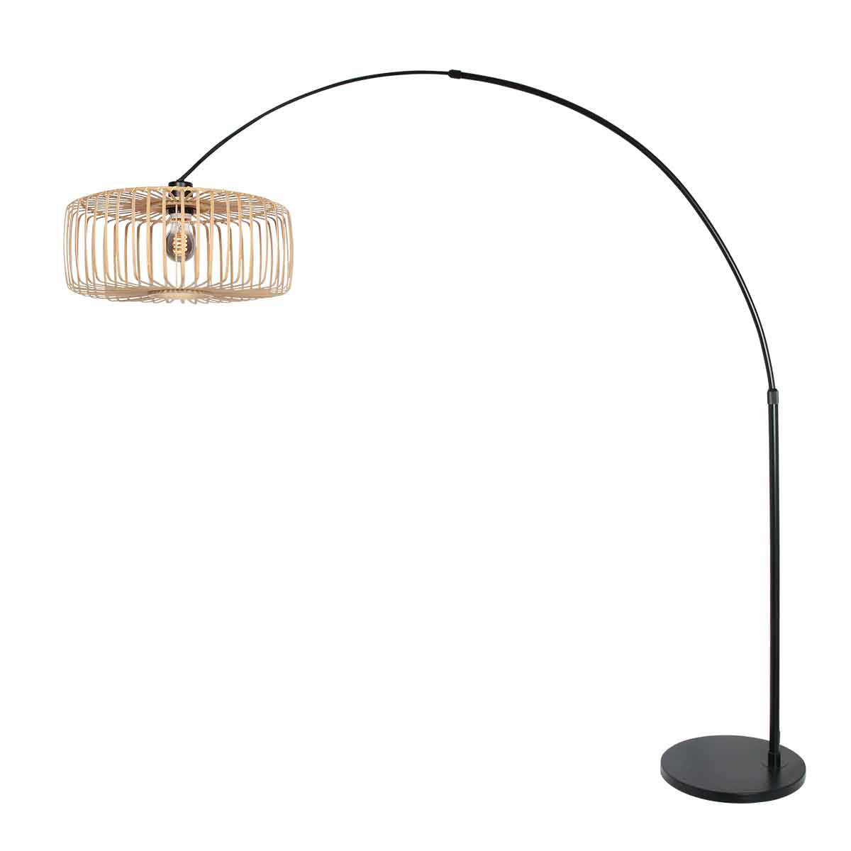 Bogenlampe aus schwarzem Metall mit offenem Bambusschirm – H240 cm