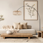 Bogenlampe aus schwarzem Metall mit offenem Bambusschirm – H240 cm