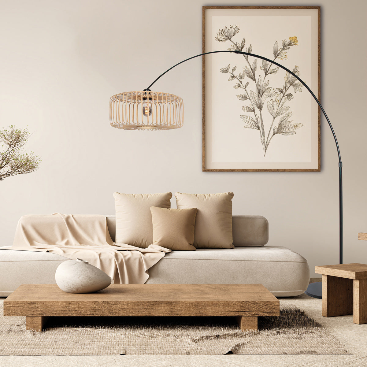 Bogenlampe aus schwarzem Metall mit offenem Bambusschirm – H240 cm