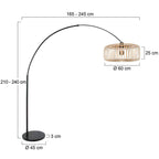Bogenlampe aus schwarzem Metall mit offenem Bambusschirm – H240 cm