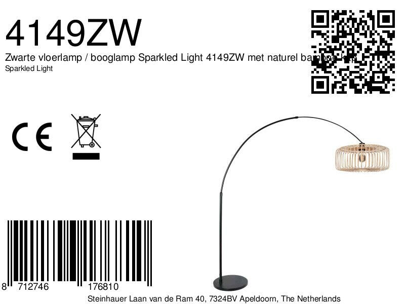 Bogenlampe aus schwarzem Metall mit offenem Bambusschirm – H240 cm