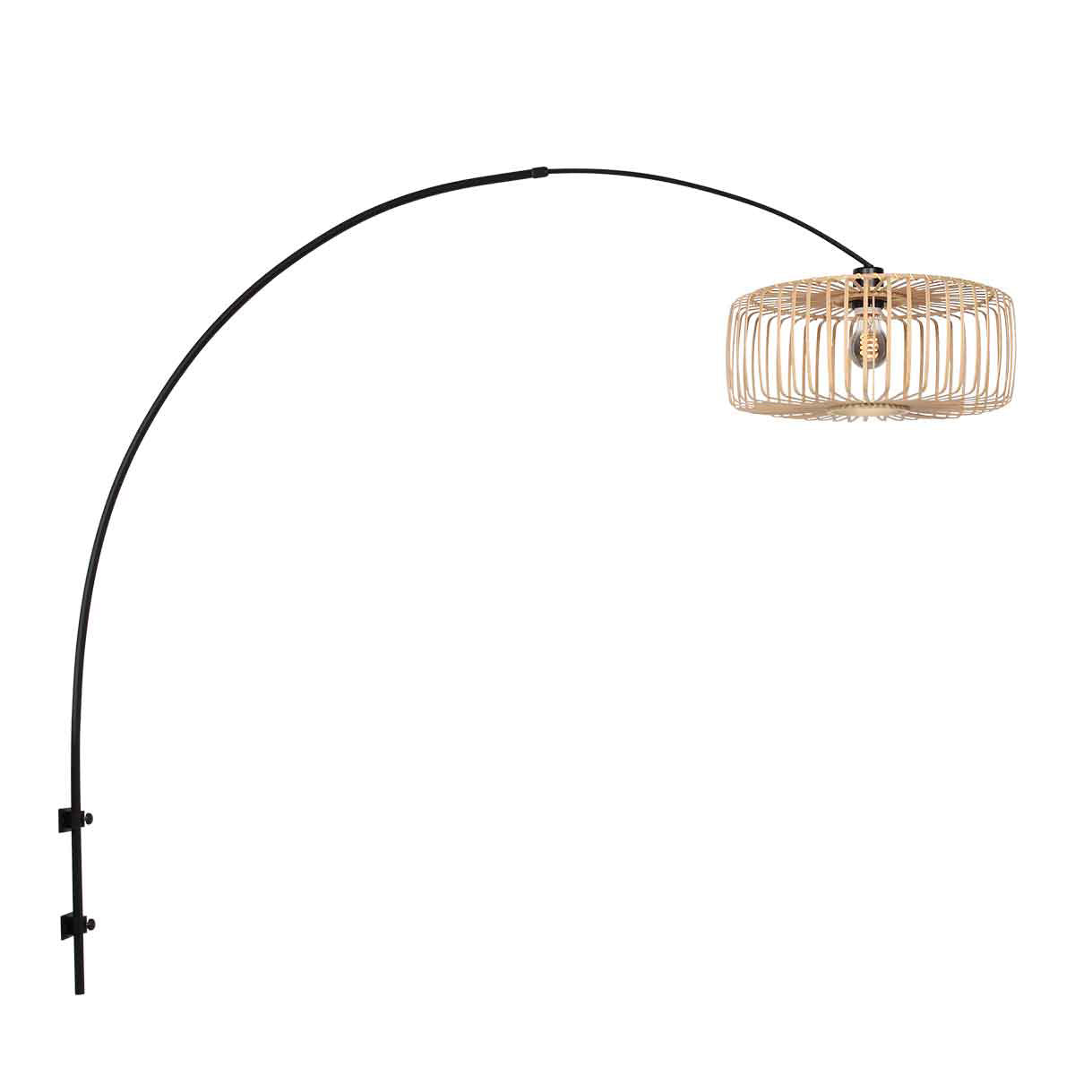 Wandleuchte aus Bambus Natur und schwarzem Metall mit Bogenarm – Ø40 cm