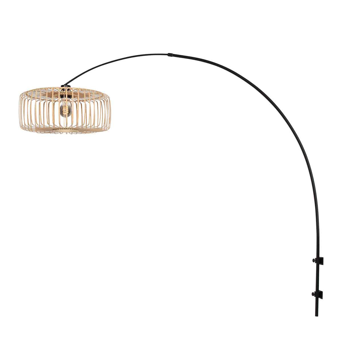 Wandleuchte aus Bambus Natur und schwarzem Metall mit Bogenarm – Ø40 cm