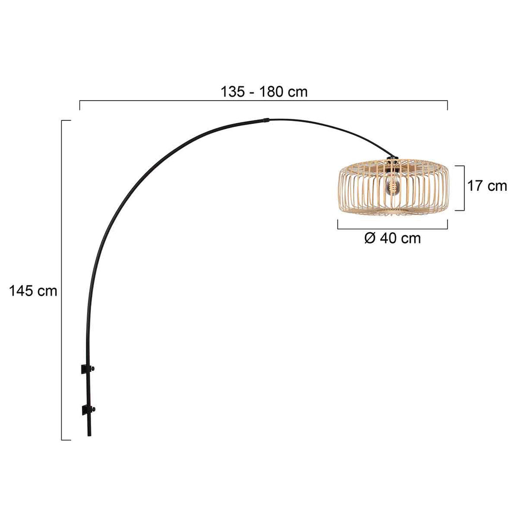 Wandleuchte aus Bambus Natur und schwarzem Metall mit Bogenarm – Ø40 cm
