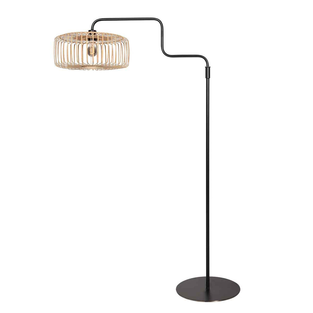 Stehlampe aus Metall in Schwarz mit Rattanschirm, schwenkbar – H165 cm