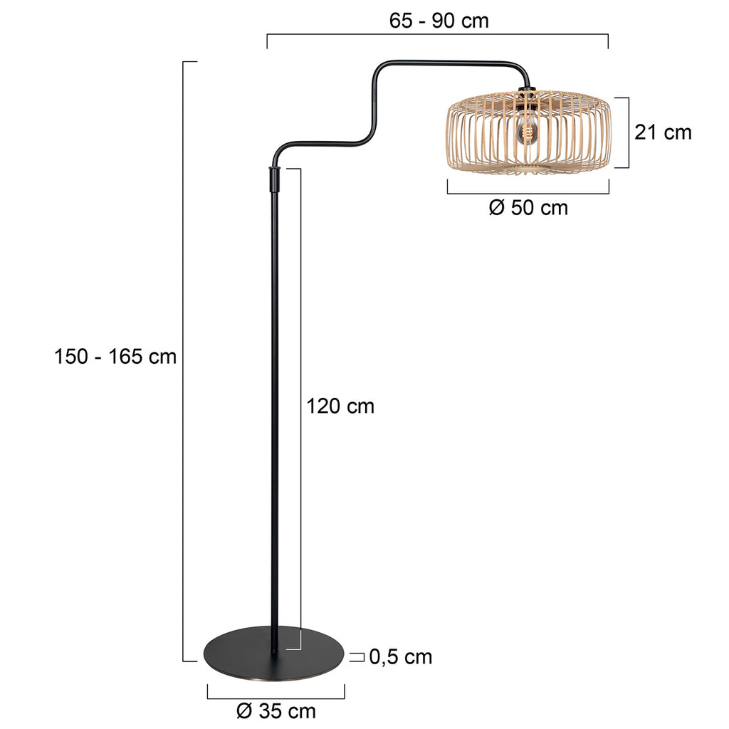 Stehlampe aus Metall in Schwarz mit Rattanschirm, schwenkbar – H165 cm