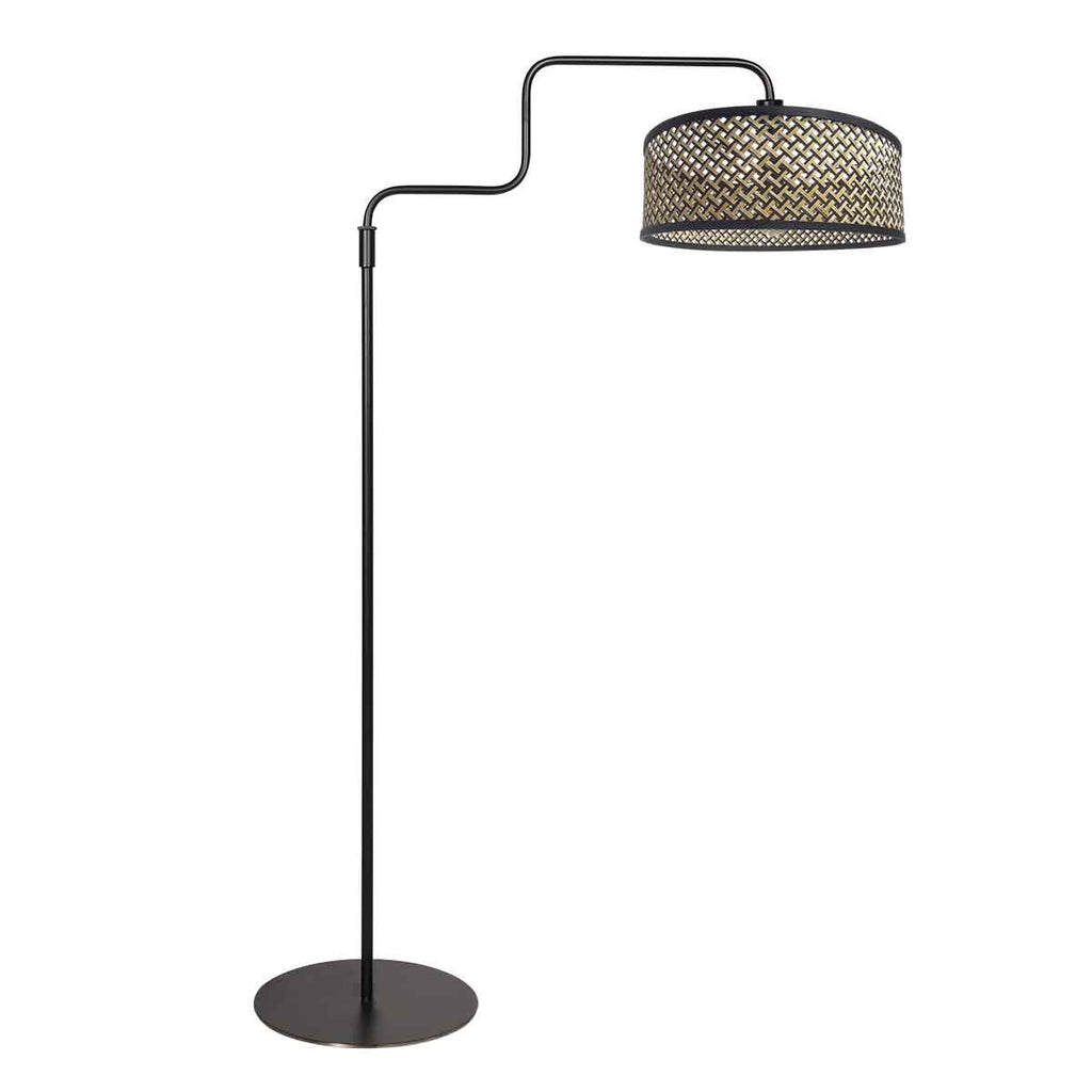 Stehlampe aus schwarzem Metall mit gebogenem Arm und zylindrischem Schirm – H165 cm