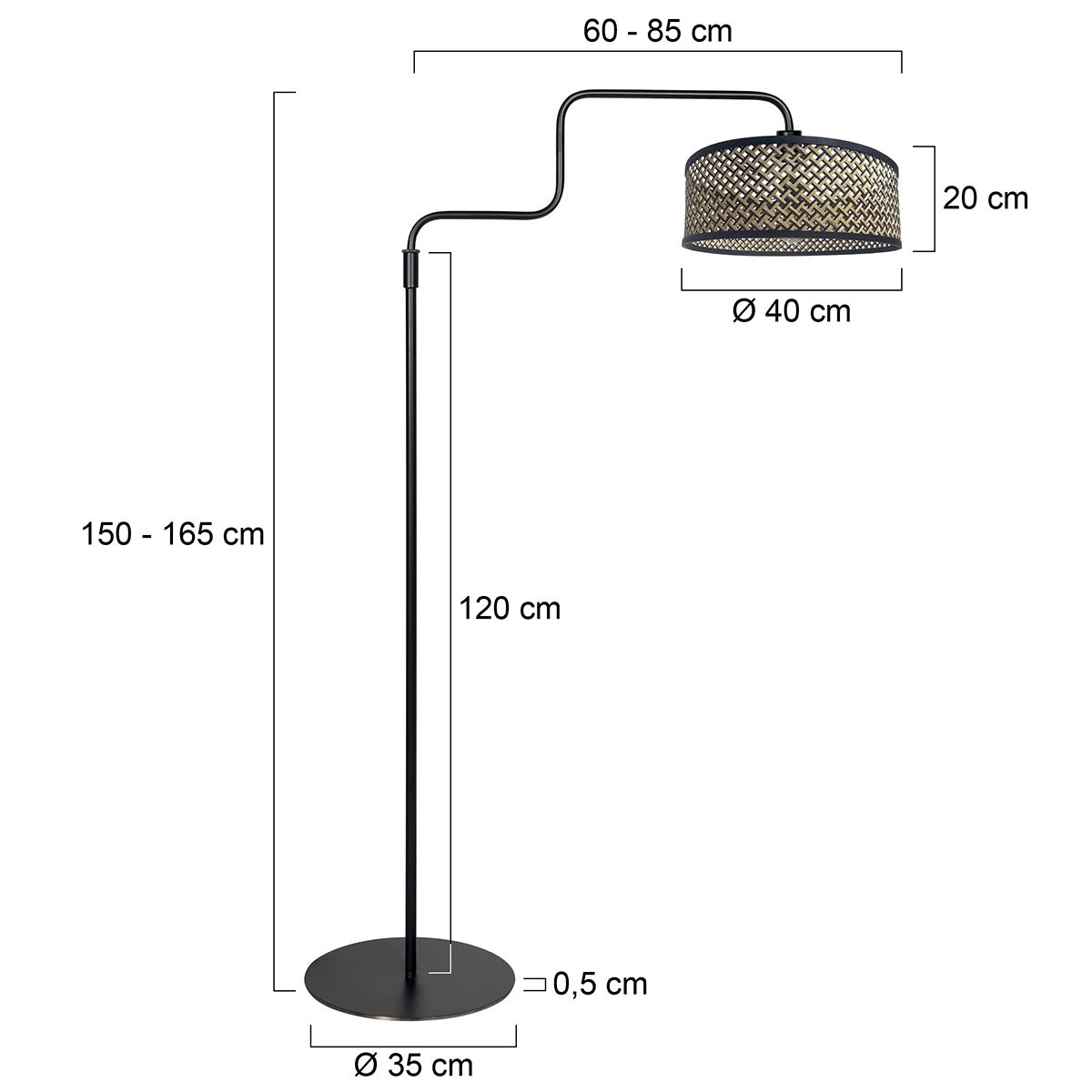 Stehlampe aus schwarzem Metall mit gebogenem Arm und zylindrischem Schirm – H165 cm