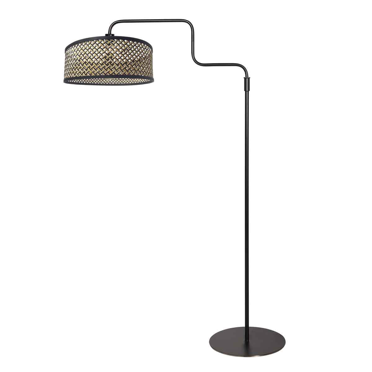 Stehlampe aus schwarzem Metall mit gebogenem Arm und zylindrischem Schirm – H165 cm