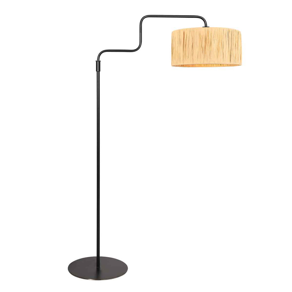 Stehlampe Schwarz mit Lampenschirm aus Naturgeflecht und schwenkbarem Arm – H165 cm