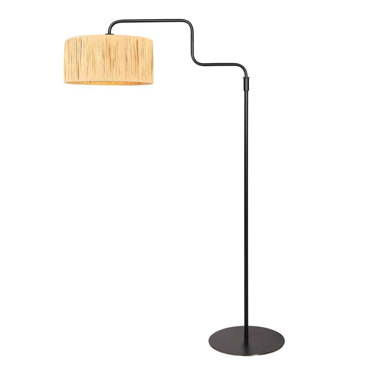 Stehlampe Schwarz mit Lampenschirm aus Naturgeflecht und schwenkbarem Arm – H165 cm