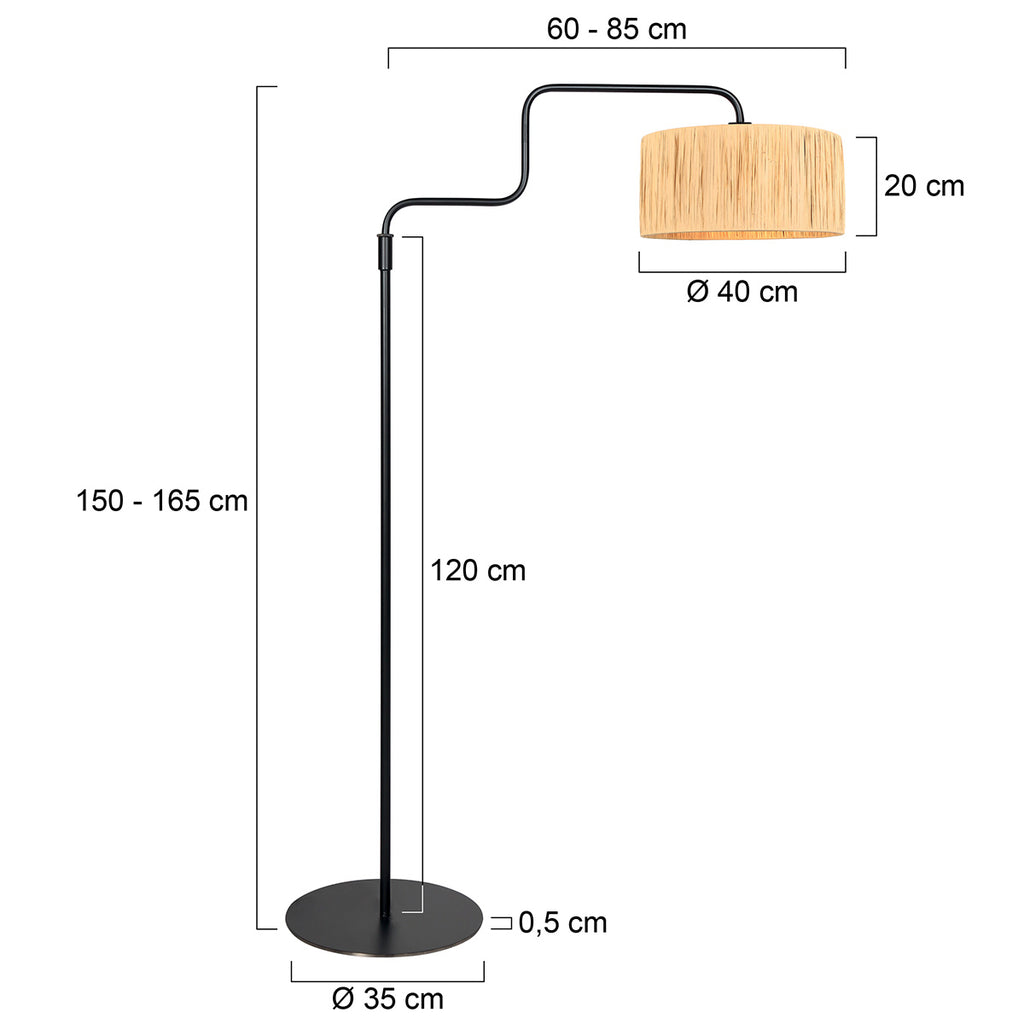 Stehlampe Schwarz mit Lampenschirm aus Naturgeflecht und schwenkbarem Arm – H165 cm