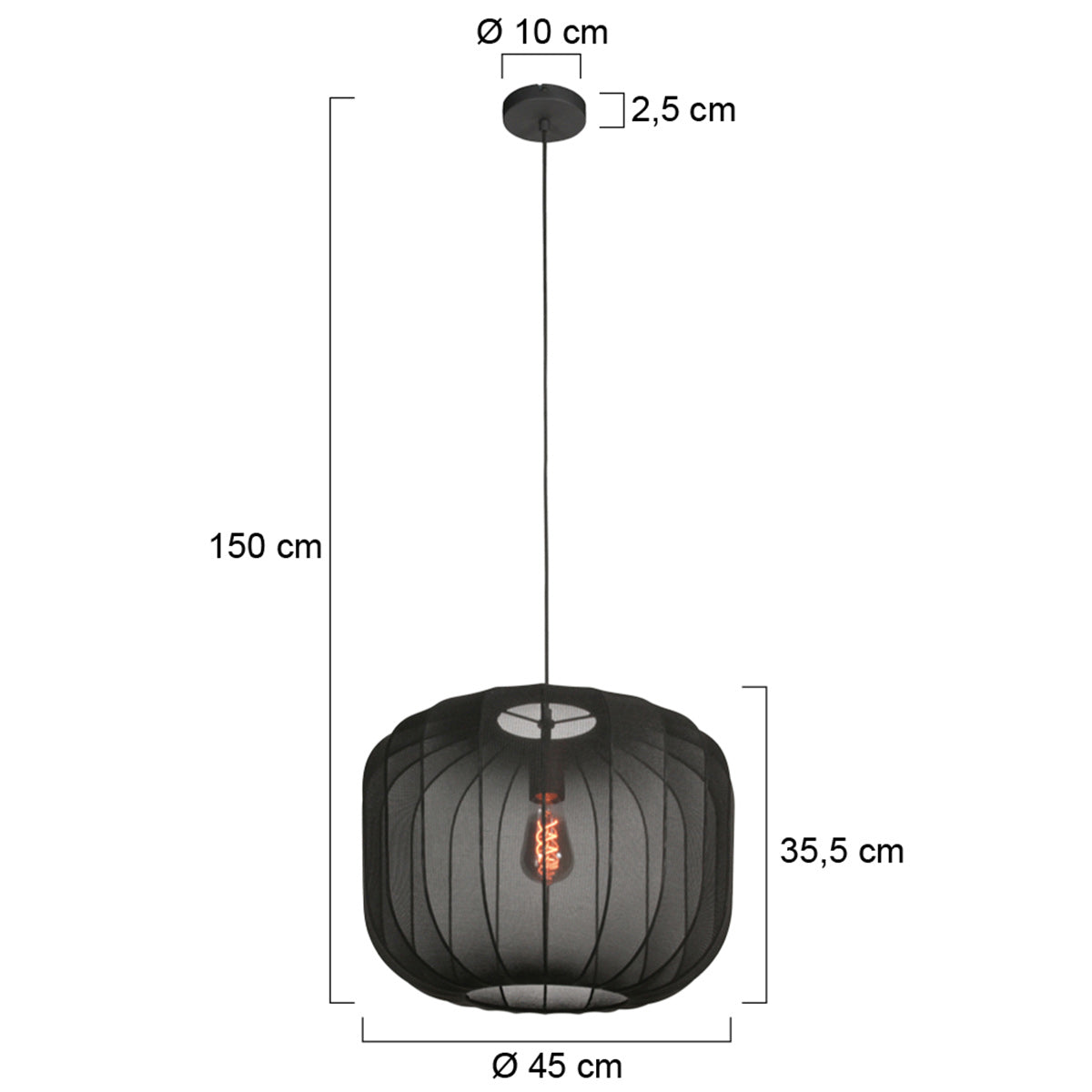 Runde Hängeleuchte aus schwarzem Leinen mit sichtbaren Fasern – Ø45 cm