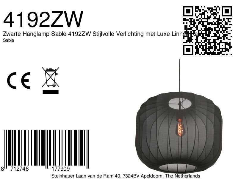 Hängeleuchte aus schwarzem Leinen mit sichtbarem Leuchtmittel – Ø55 cm
