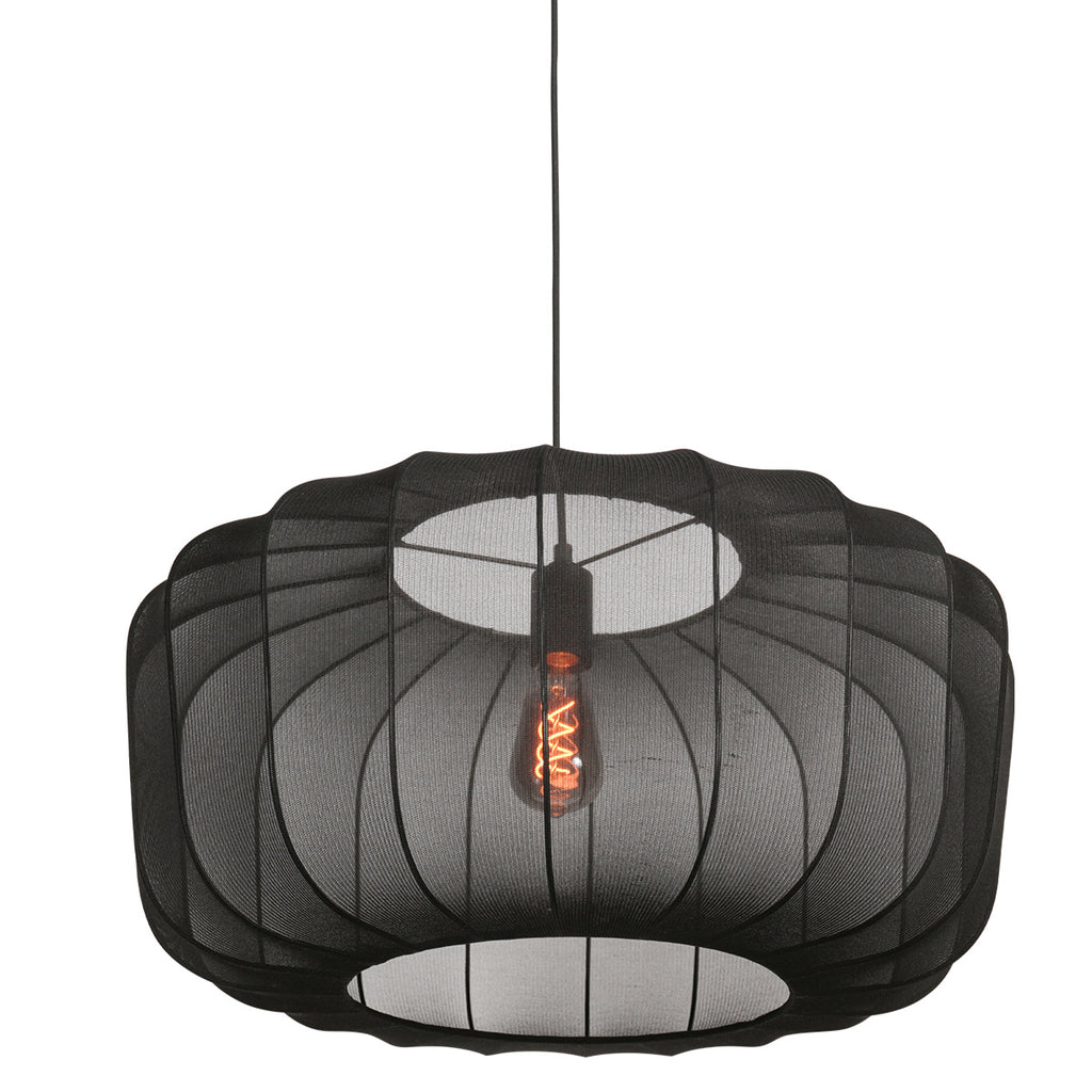 Ovale Hängeleuchte aus schwarzem Netzgeflecht mit sichtbarem Vintage-Leuchtmittel – Ø60 cm