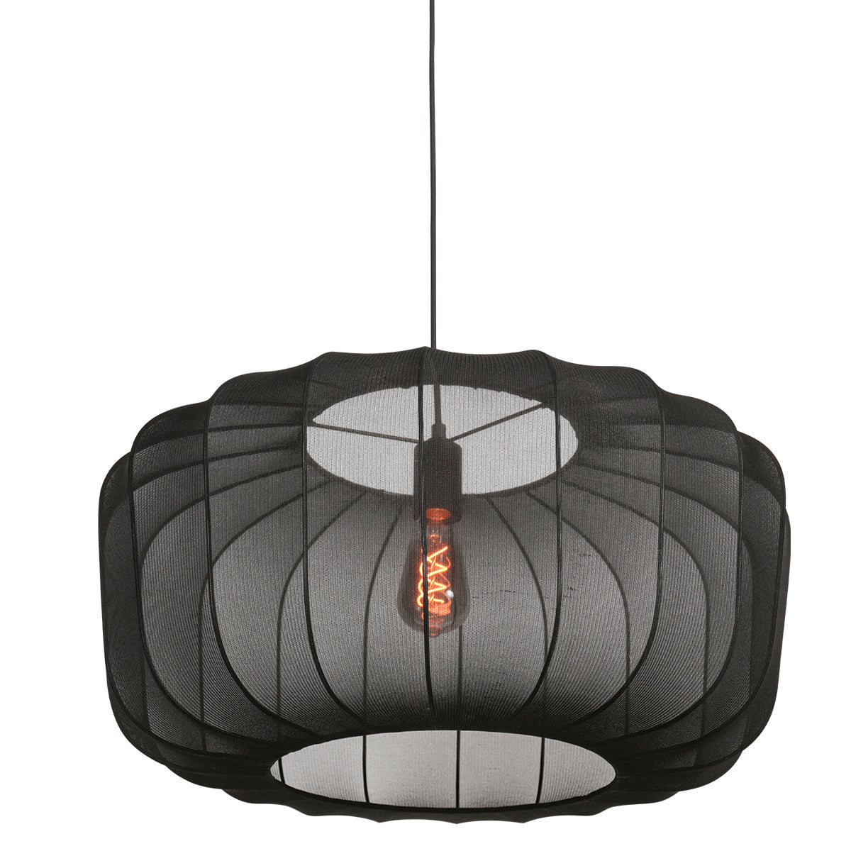 Ovale Hängeleuchte aus schwarzem Netzgeflecht mit sichtbarem Vintage-Leuchtmittel – Ø60 cm