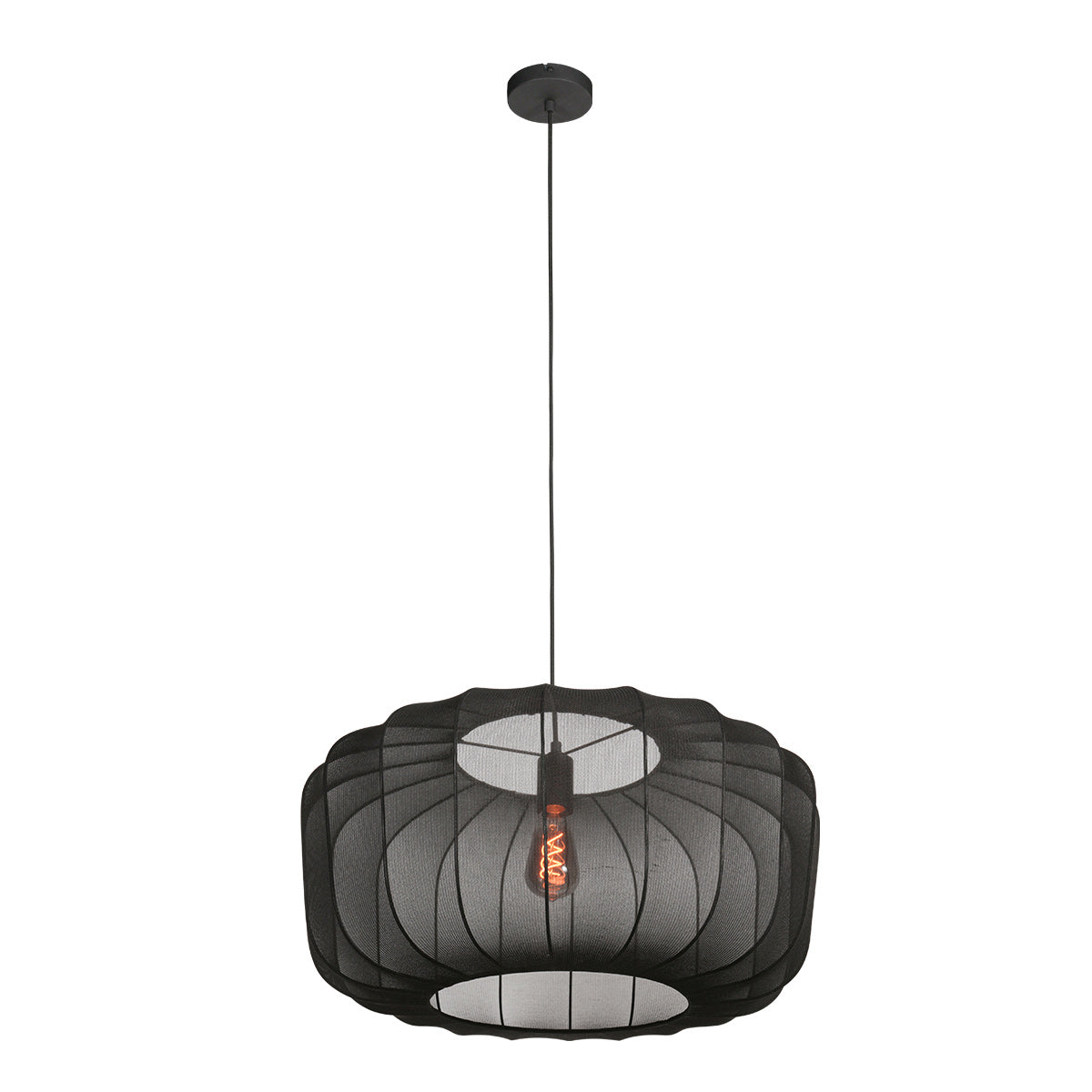 Ovale Hängeleuchte aus schwarzem Netzgeflecht mit sichtbarem Vintage-Leuchtmittel – Ø60 cm