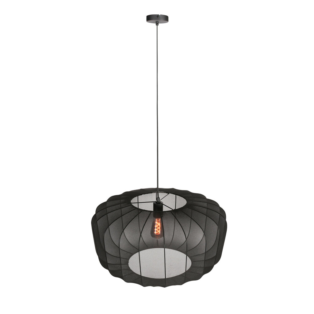 Ovale Hängeleuchte aus schwarzem Netzgeflecht mit sichtbarem Vintage-Leuchtmittel – Ø60 cm