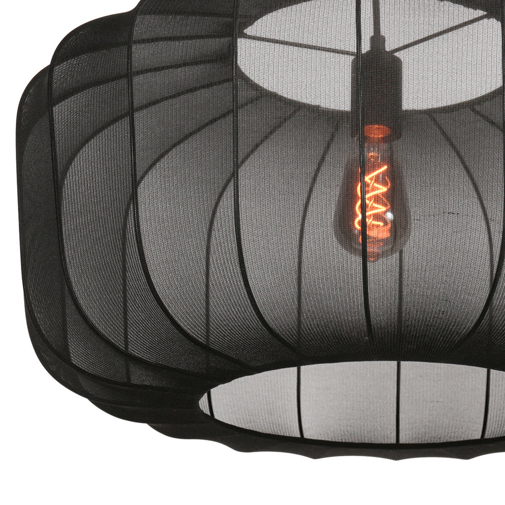Ovale Hängeleuchte aus schwarzem Netzgeflecht mit sichtbarem Vintage-Leuchtmittel – Ø60 cm