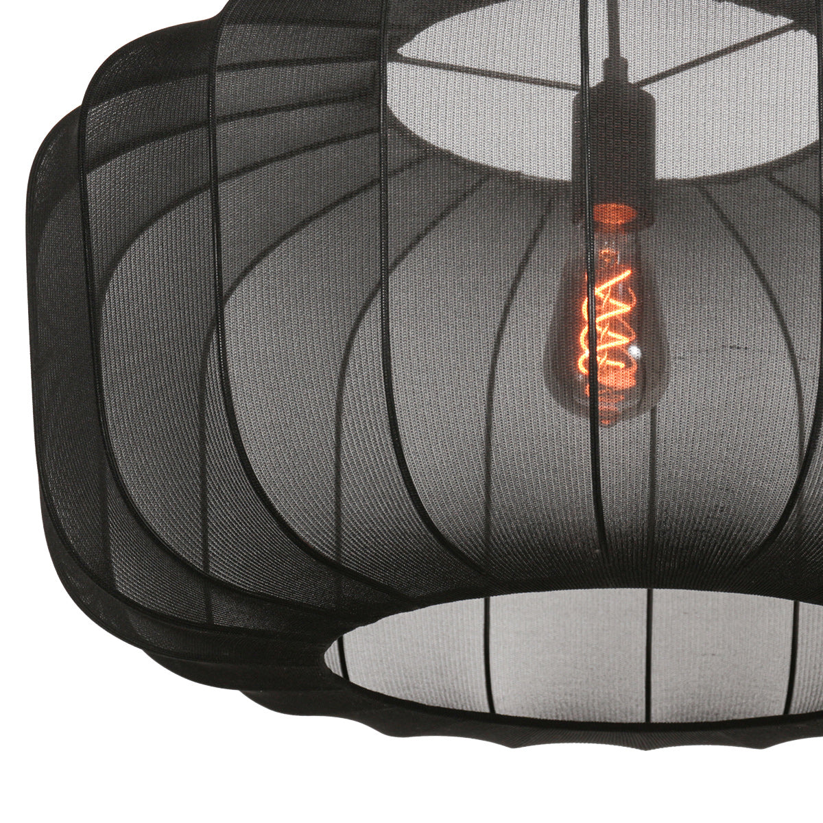Ovale Hängeleuchte aus schwarzem Netzgeflecht mit sichtbarem Vintage-Leuchtmittel – Ø60 cm