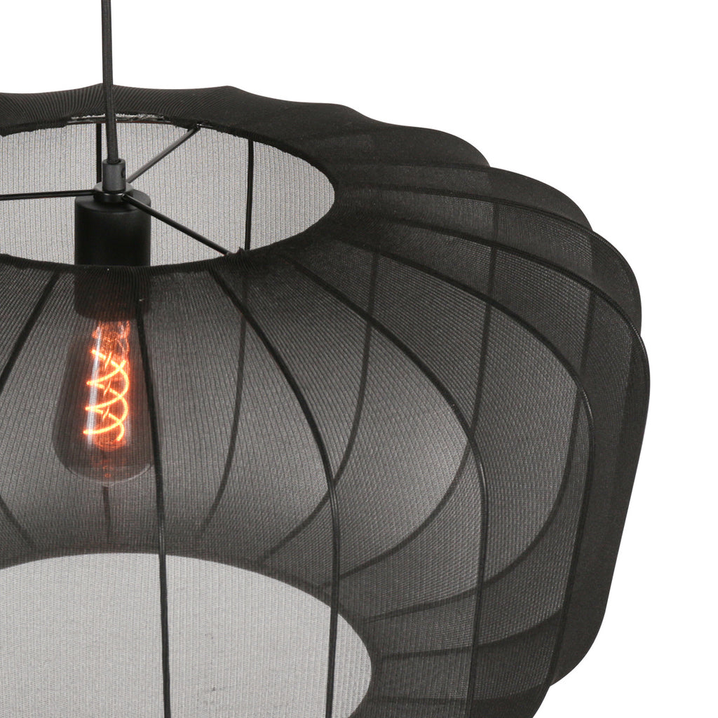 Ovale Hängeleuchte aus schwarzem Netzgeflecht mit sichtbarem Vintage-Leuchtmittel – Ø60 cm