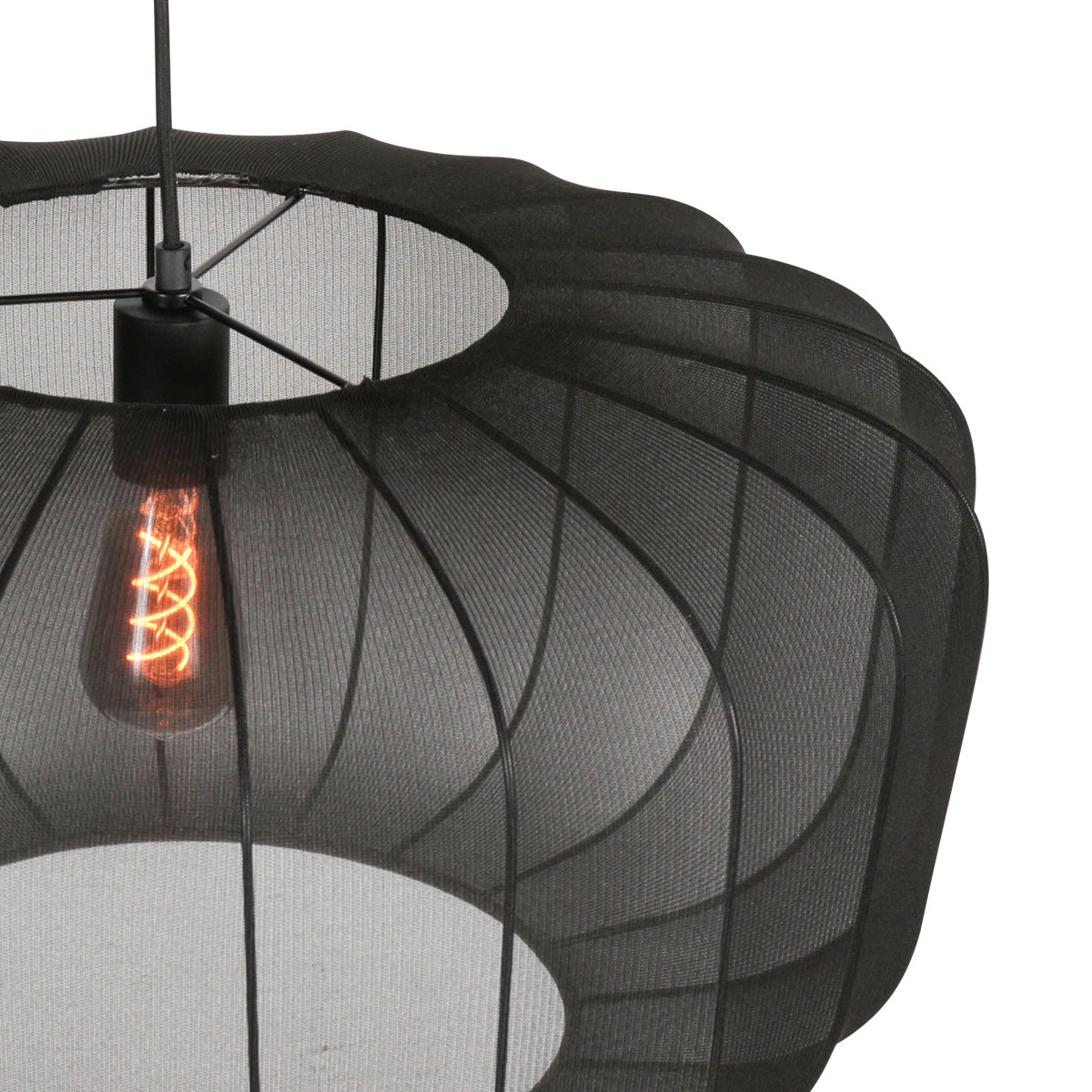 Ovale Hängeleuchte aus schwarzem Netzgeflecht mit sichtbarem Vintage-Leuchtmittel – Ø60 cm