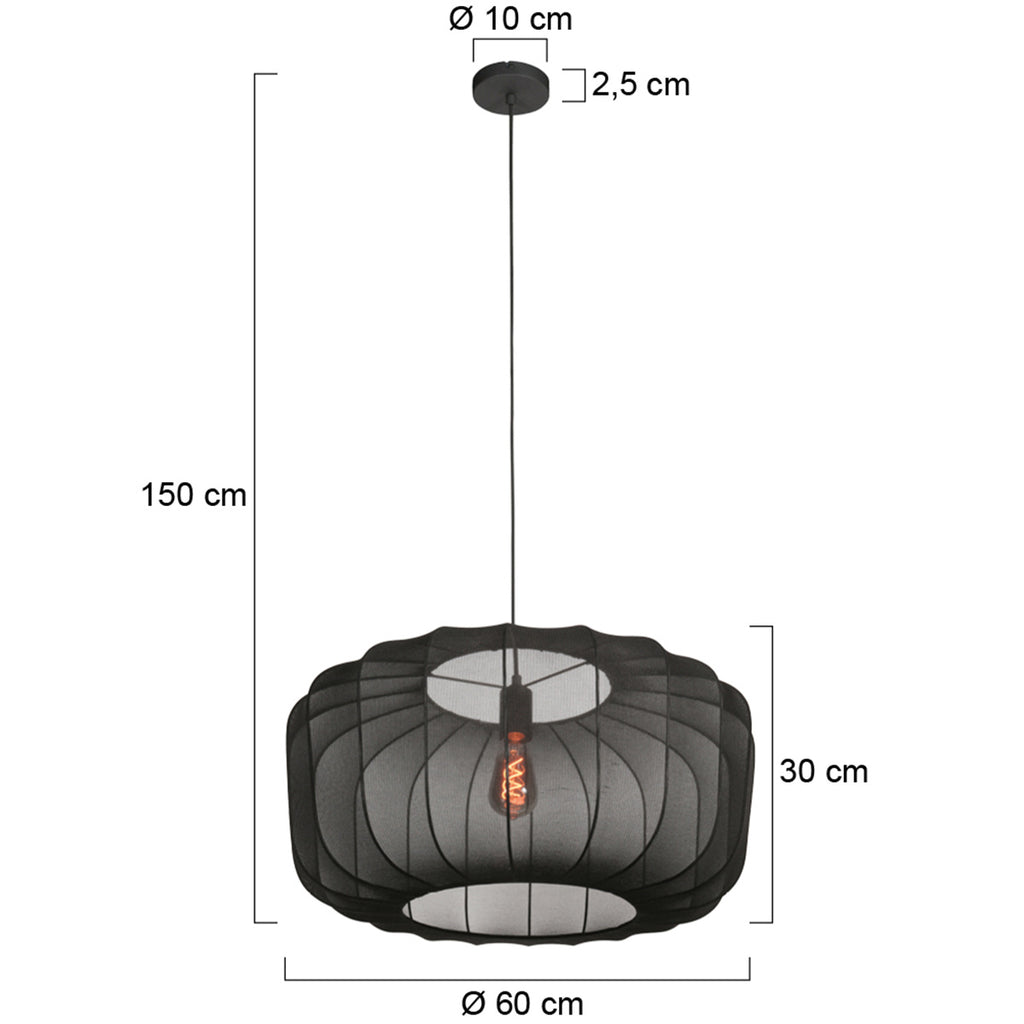 Ovale Hängeleuchte aus schwarzem Netzgeflecht mit sichtbarem Vintage-Leuchtmittel – Ø60 cm