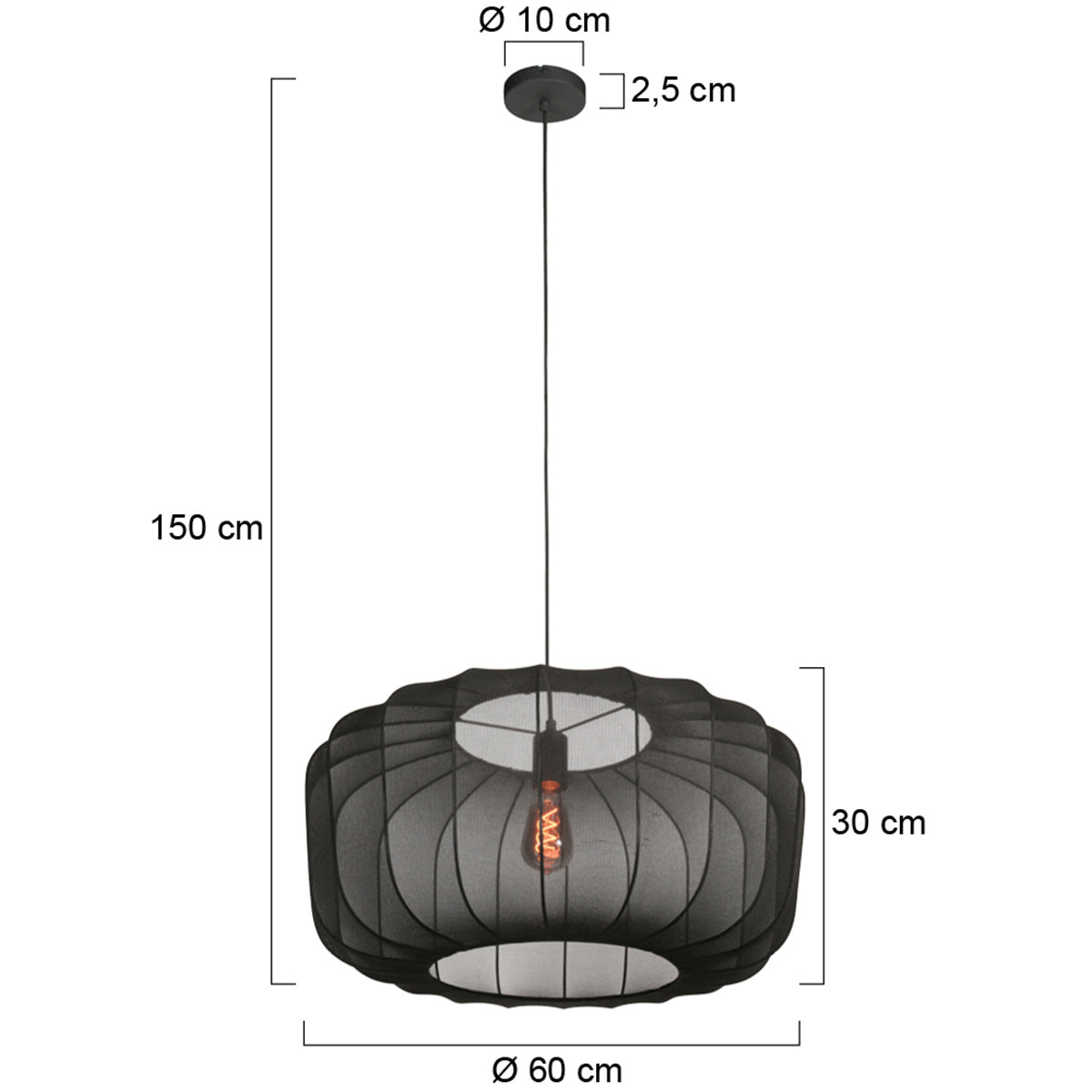 Ovale Hängeleuchte aus schwarzem Netzgeflecht mit sichtbarem Vintage-Leuchtmittel – Ø60 cm