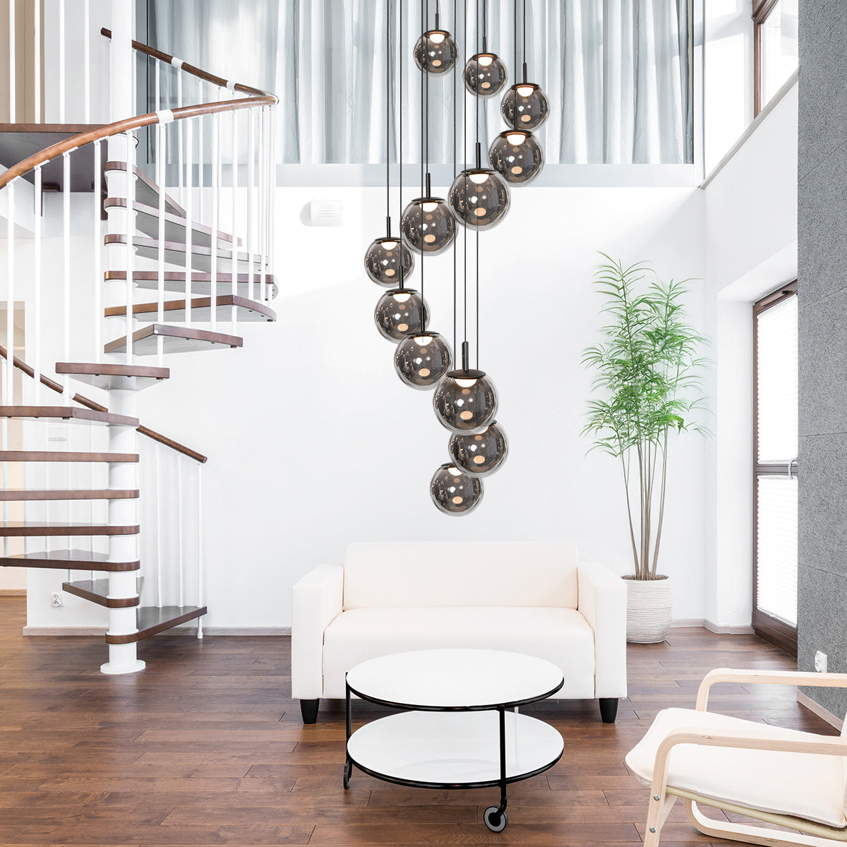 Suspension en verre fumé noir à 12 globes sphériques – Ø60 cm