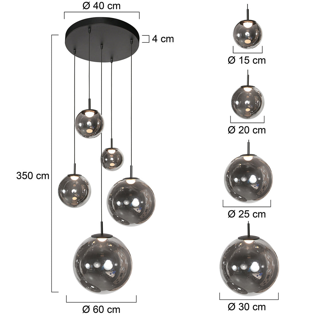 Hängeleuchte mit mehreren Kugeln aus glänzendem Rauchglas in Schwarz – Ø60 cm