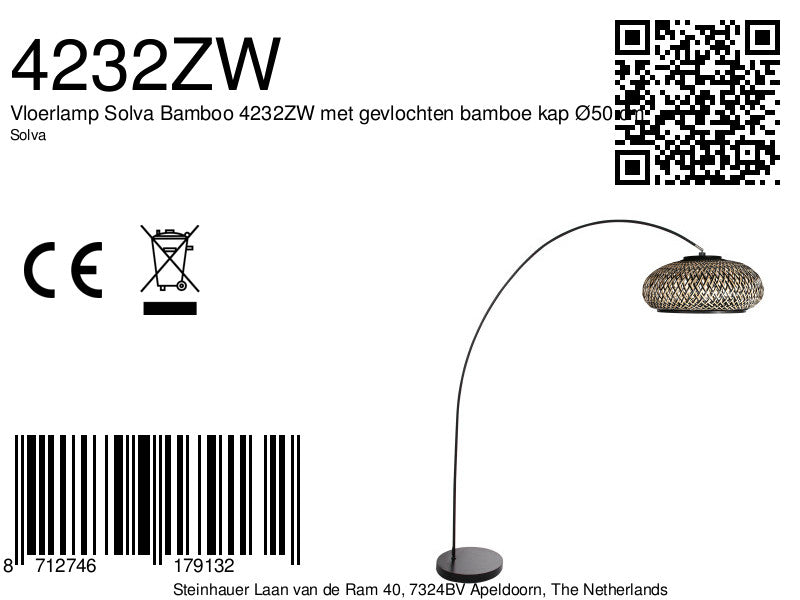 Bogenlampe aus Metall in Schwarz mit geflochtenem Bambusschirm – Ø50 cm