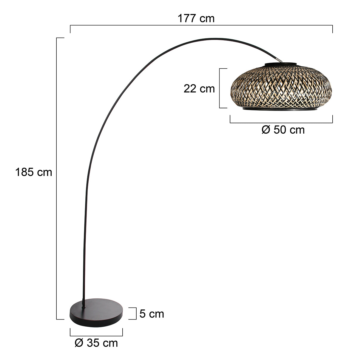Bogenlampe aus Metall in Schwarz mit geflochtenem Bambusschirm – Ø50 cm