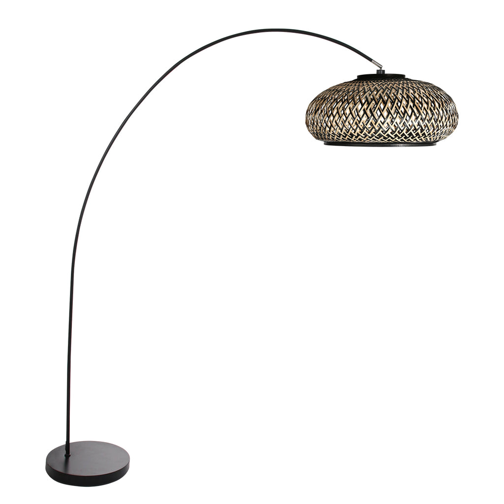 Bogenlampe aus Metall in Schwarz mit geflochtenem Bambusschirm – Ø50 cm