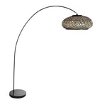 Bogenlampe aus Metall in Schwarz mit geflochtenem Bambusschirm – Ø50 cm
