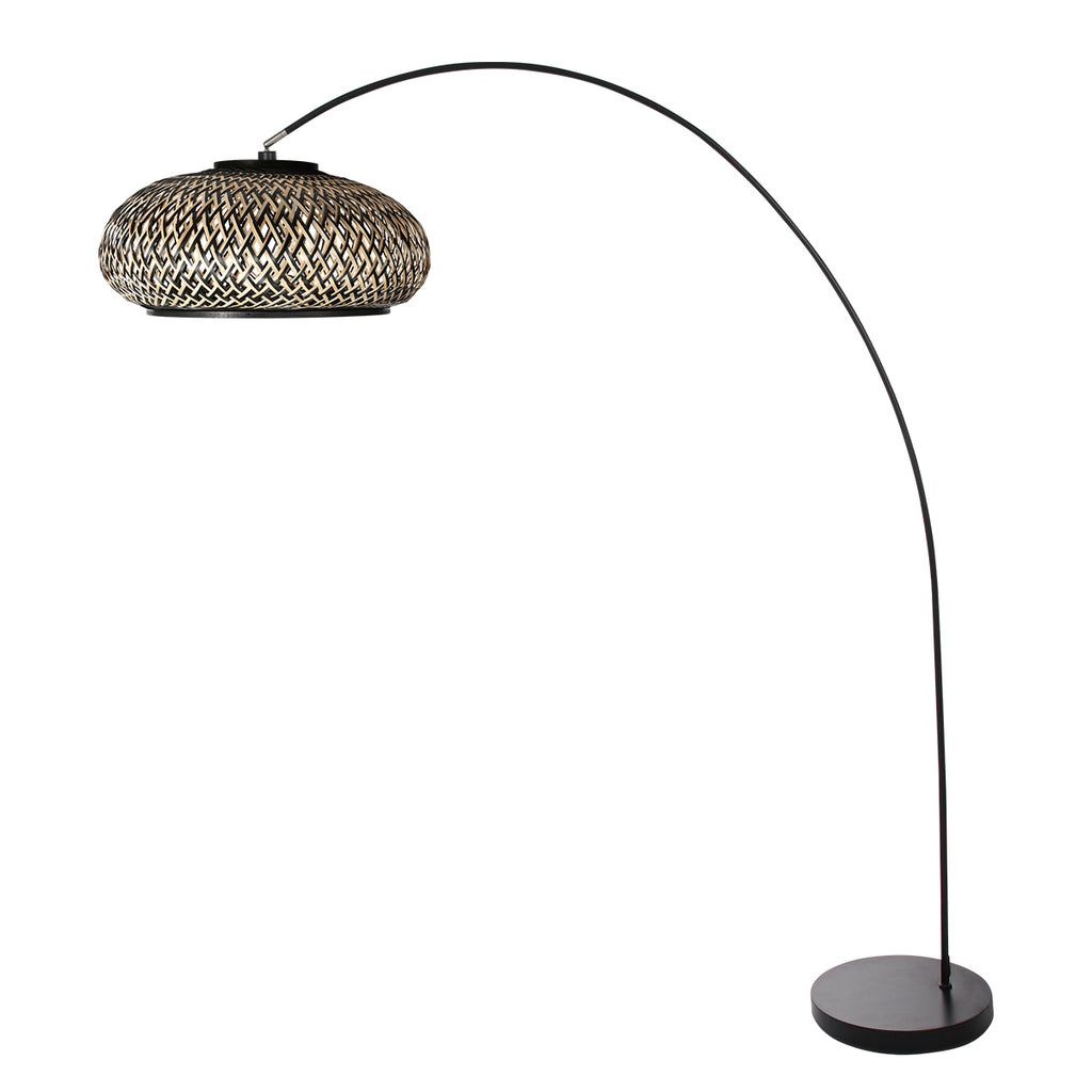 Bogenlampe aus Metall in Schwarz mit geflochtenem Bambusschirm – Ø50 cm