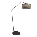 Stehlampe aus schwarzem Metall mit Auslegerarm und Schirm im Rohrgeflecht-Muster – H173 cm