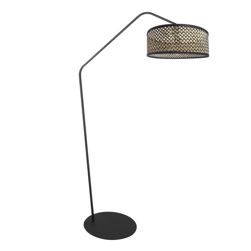Stehlampe aus schwarzem Metall mit Auslegerarm und Schirm im Rohrgeflecht-Muster – H173 cm