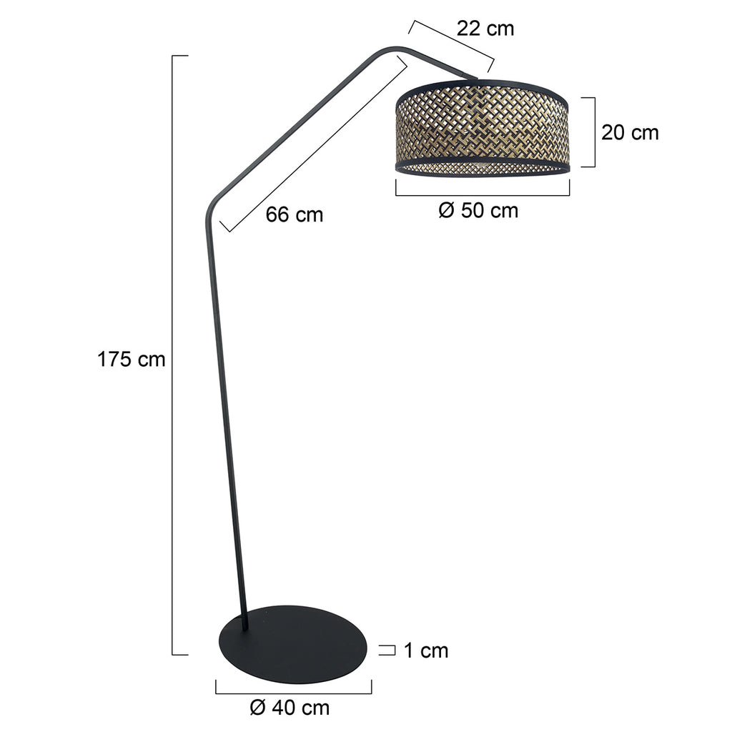 Stehlampe aus schwarzem Metall mit Auslegerarm und Schirm im Rohrgeflecht-Muster – H173 cm