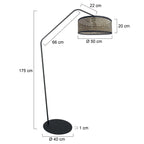 Stehlampe aus schwarzem Metall mit Auslegerarm und Schirm im Rohrgeflecht-Muster – H173 cm