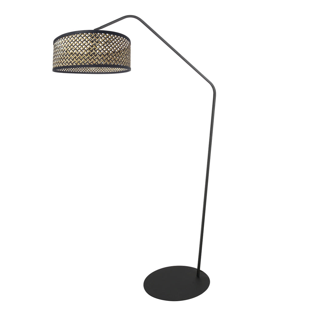 Stehlampe aus schwarzem Metall mit Auslegerarm und Schirm im Rohrgeflecht-Muster – H173 cm