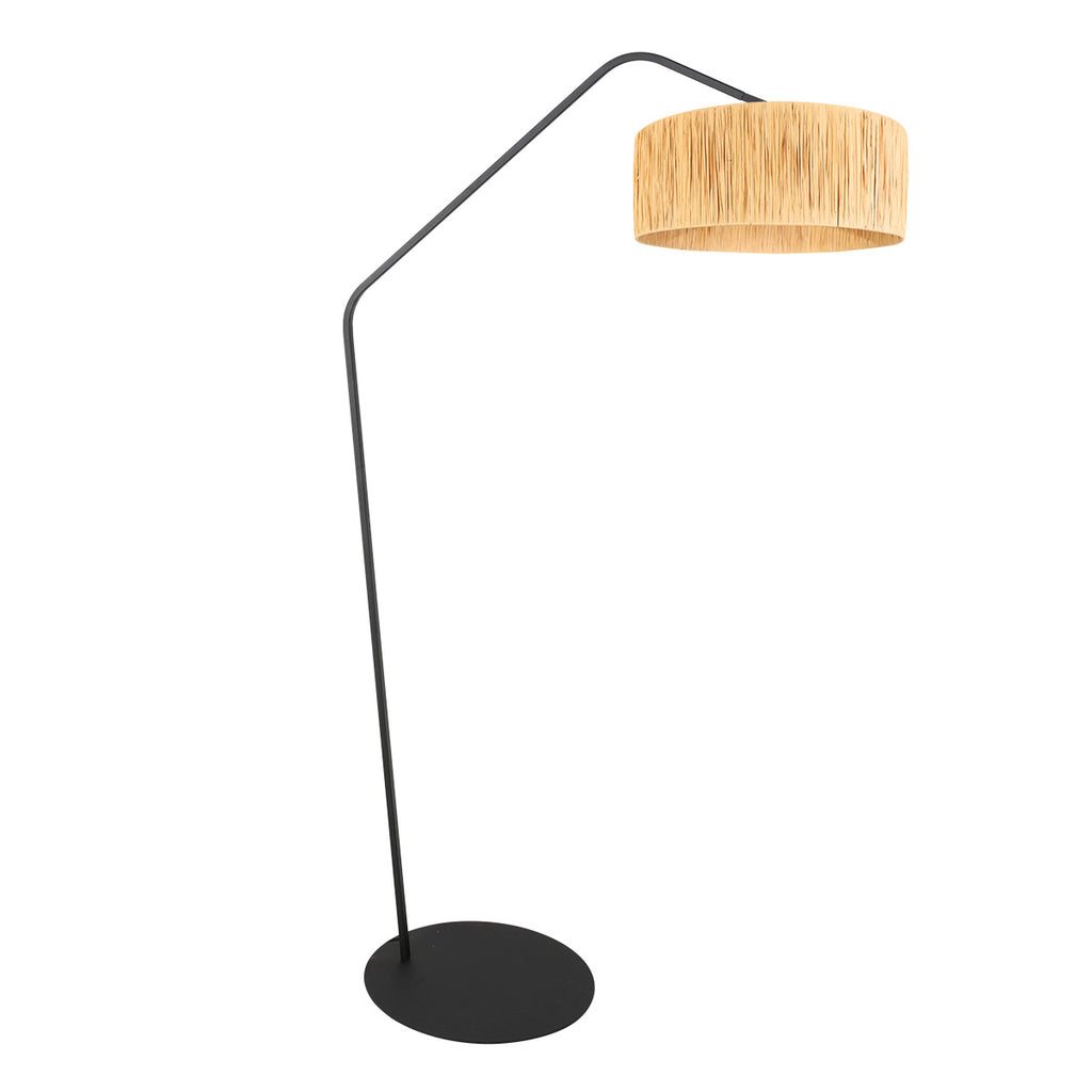 Stehlampe aus schwarzem Metall mit geflochtenem Naturschirm – H173 cm