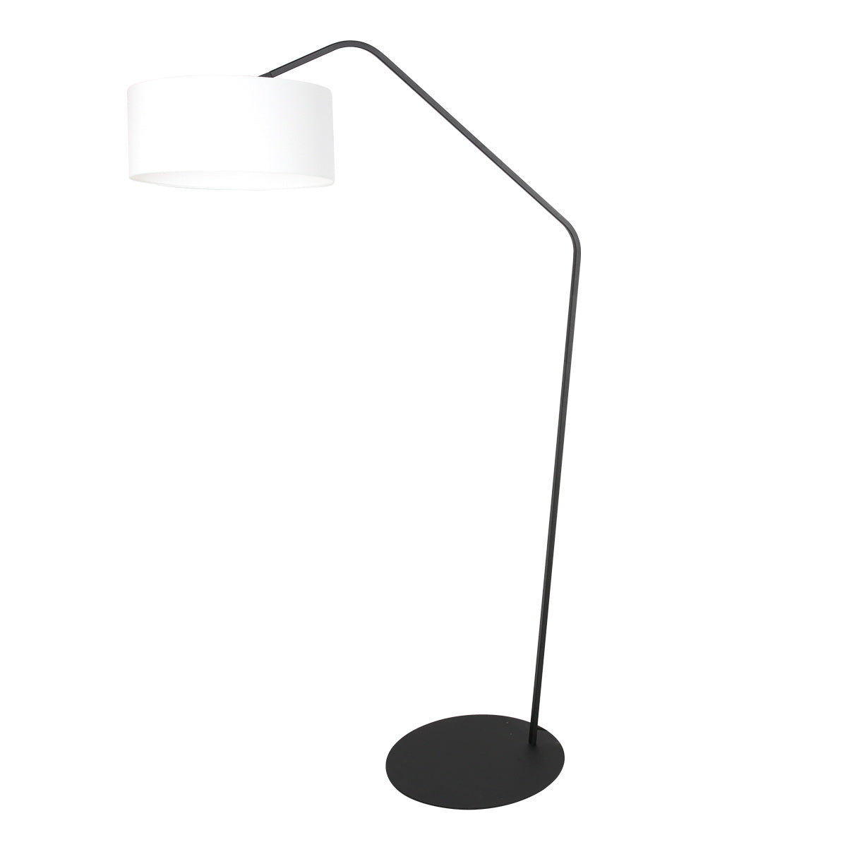 Stehlampe aus schwarzem Metall mit abgewinkeltem Arm und weißem Schirm – H173 cm