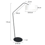 Stehlampe aus schwarzem Metall mit abgewinkeltem Arm und weißem Schirm – H173 cm