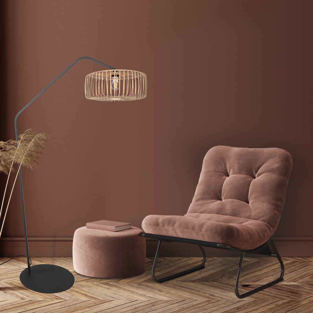 Stehlampe aus schwarzem Metall mit Schirm aus Rattan Natur – H173 cm