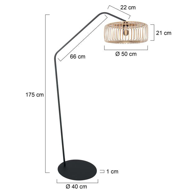 Stehlampe aus schwarzem Metall mit Schirm aus Rattan Natur – H173 cm