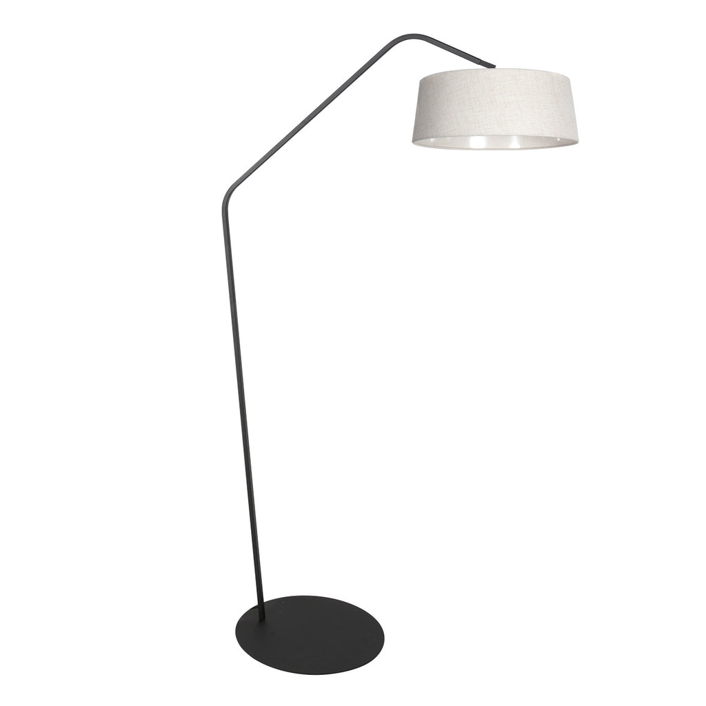 Stehlampe aus schwarzem Metall mit versetztem Arm und Schirm in Naturweiß – H173 cm